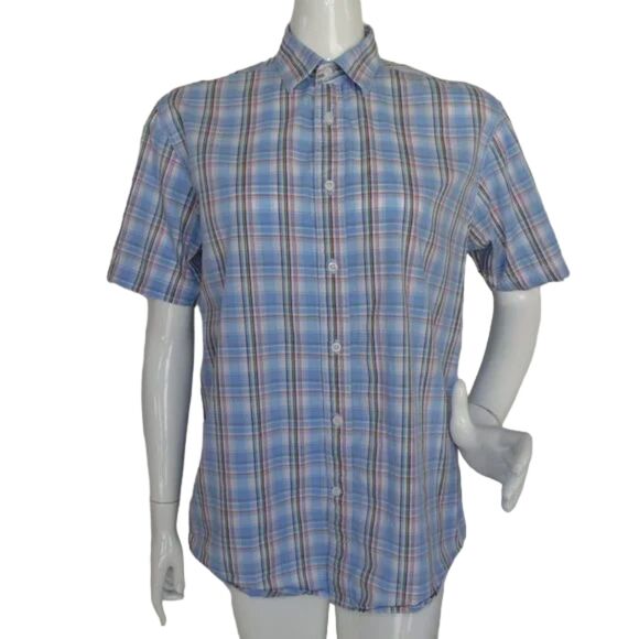 JAMES CAMPBELL Shirt, M, Blue Plaid, Short sleeves, Button down, Cotton - Picture 1 of 12